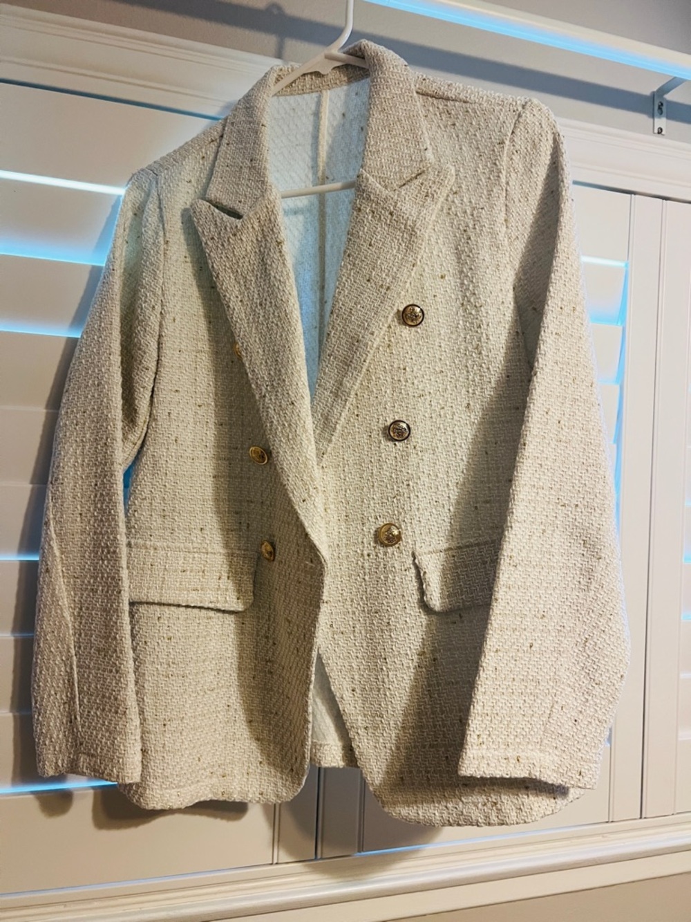 SHEIN Cream Tweed Double-Breasted Blazer with Gold Buttons